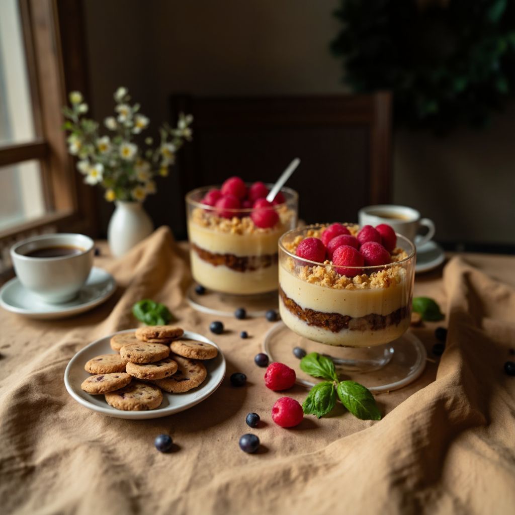 Desserttisch mit zwei Gläsern japanischem Cheesecake, Himbeeren, Blaubeeren und Kaffee
