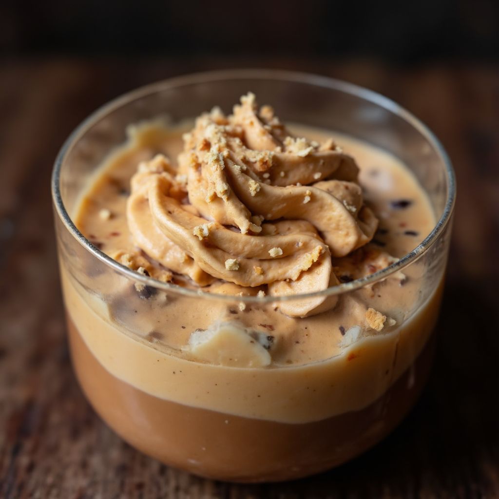 Nahaufnahme der cremigen Cheesecake-Textur mit Karamell-Swirls und Biscoff-Krümeln