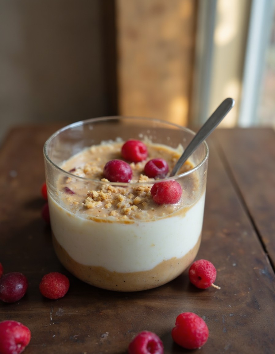 Fertiger japanischer 2-Zutaten-Cheesecake im Glas mit cremiger Karamellmasse, Kekskrümeln und frischen Himbeeren