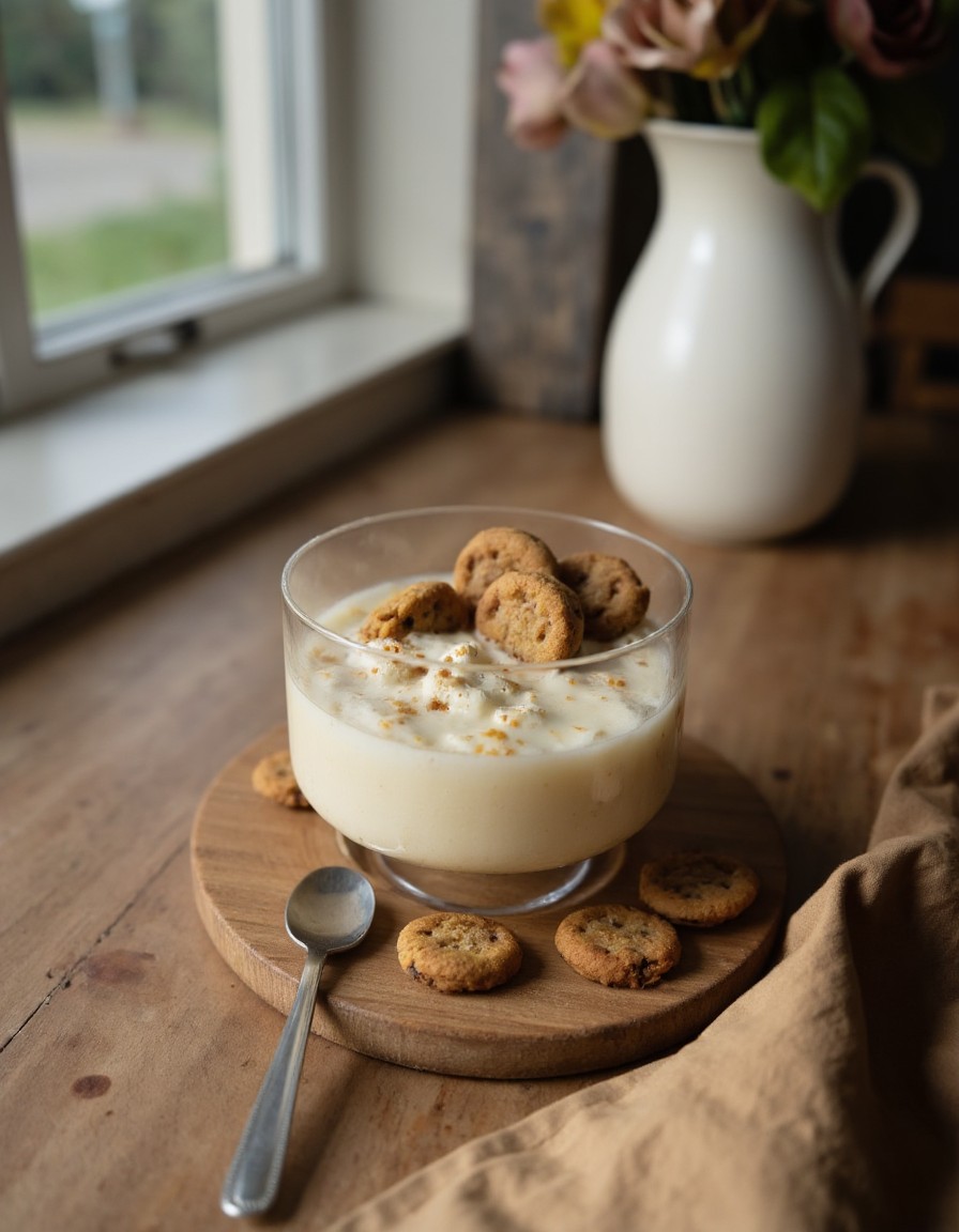 Japanischer 2-Zutaten-Cheesecake im Dessertglas mit Lotus Biscoff Keksen und Krümeltopping auf einem Holzbrett