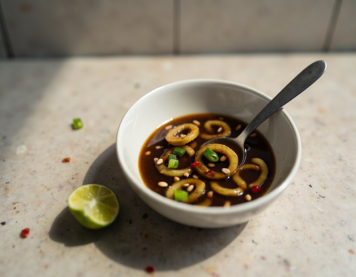 Selbstgemachte Dip-Sauce aus Sojasauce, Reisessig und geröstetem Sesamöl mit Chiliflocken in einem kleinen Schälchen