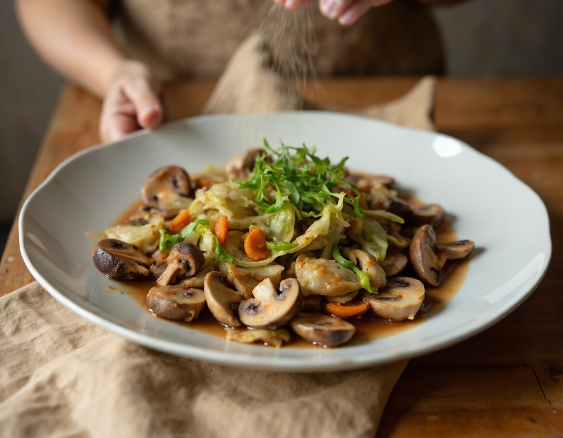 Fertig gebratene Gemüsefüllung ausgebreitet auf einem flachen Teller zum Abkühlen vor dem Einwickeln in Reispapier