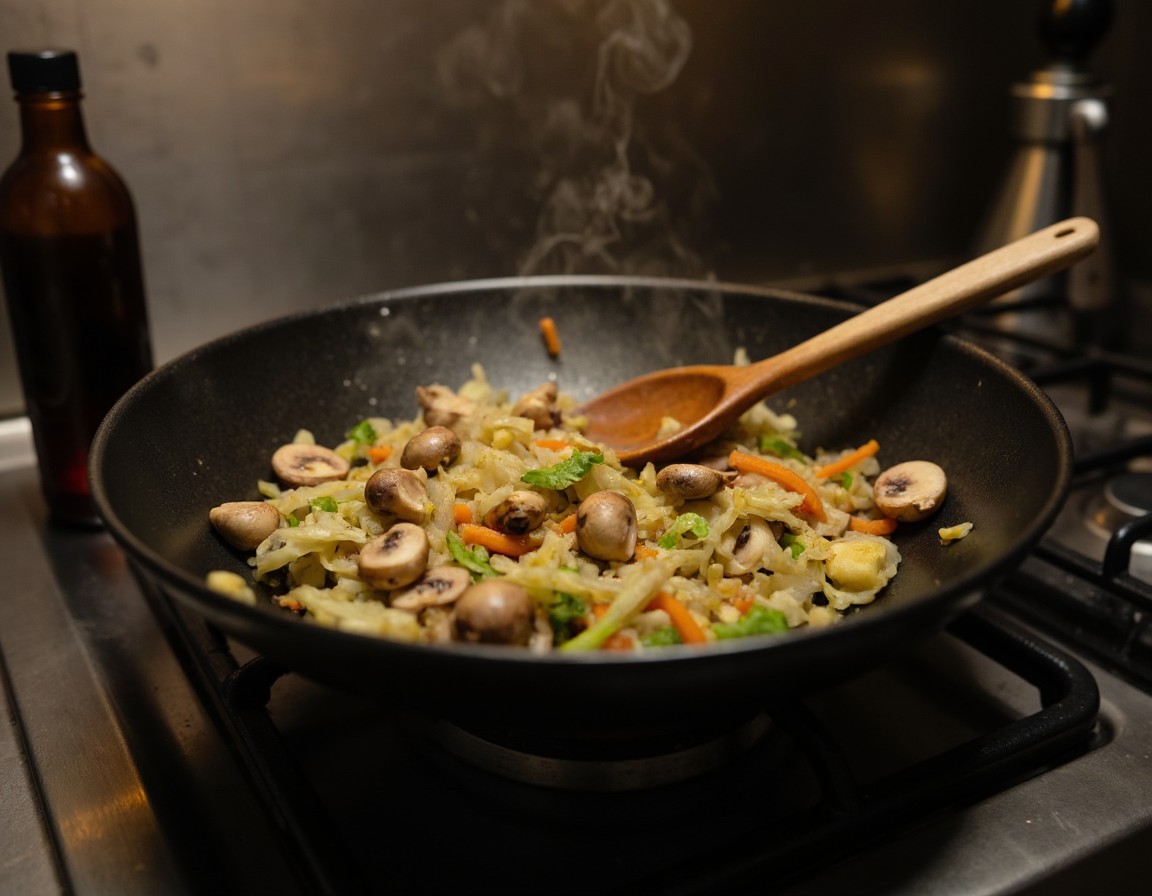 Gemüsefüllung mit Pilzen, Chinakohl und Karotten wird in einem Wok mit Knoblauch und Ingwer scharf angebraten