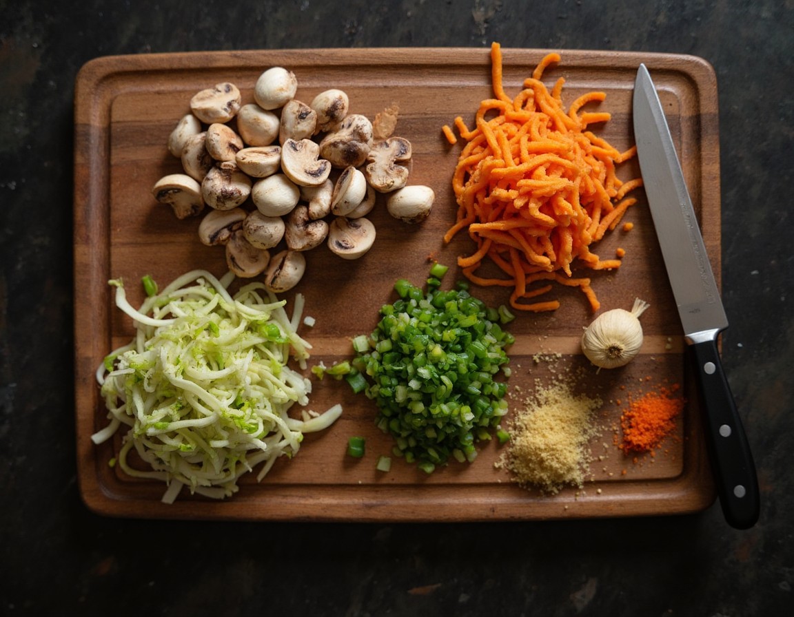 Fein geschnittene Champignons, Chinakohl, geriebene Karotte und Frühlingszwiebeln auf einem Schneidebrett für die Dumpling-Füllung