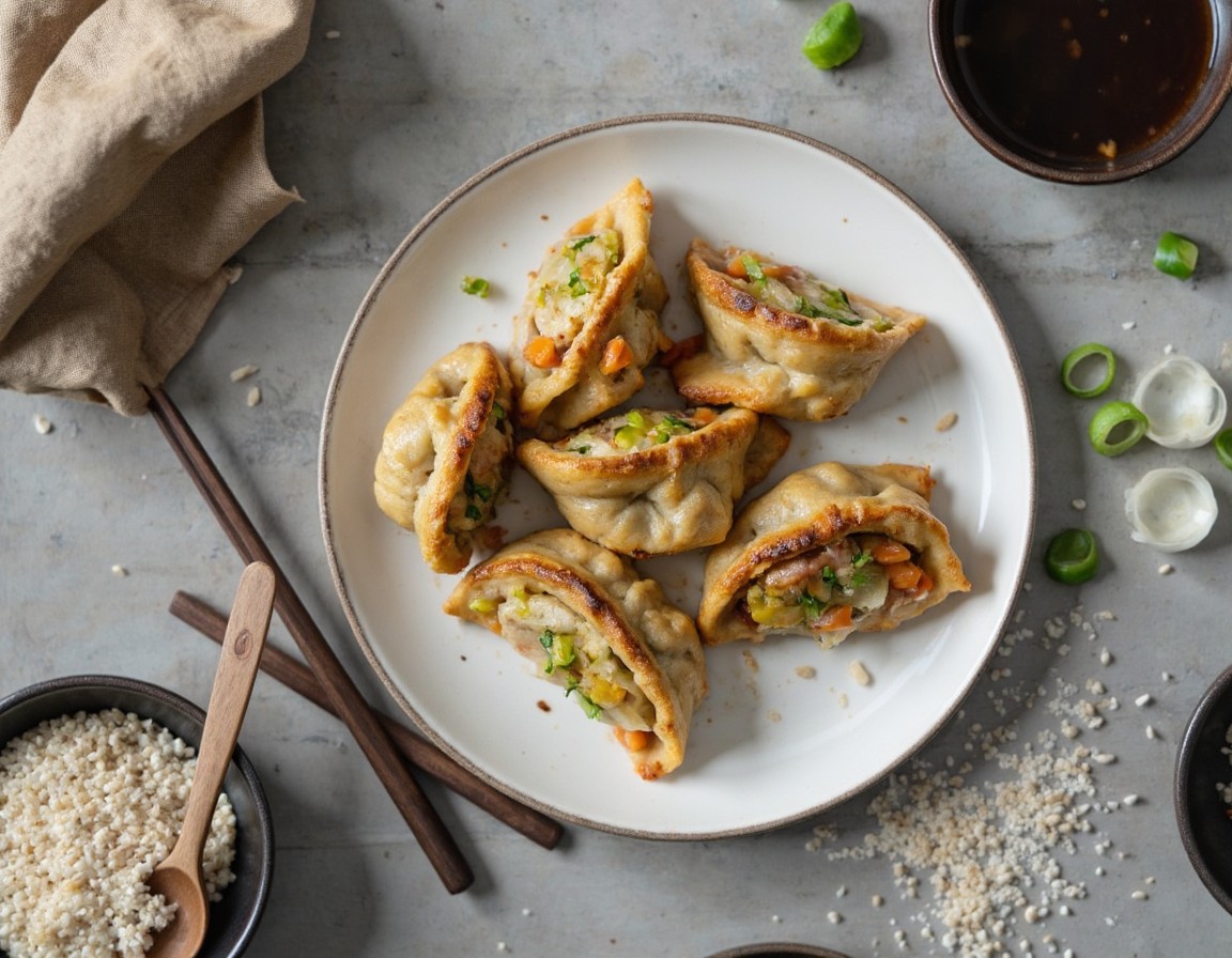 Goldbraun gebratene knusprige Reispapier-Dumplings auf einem Teller garniert mit Sesamsamen und Frühlingszwiebeln neben Dip-Sauce