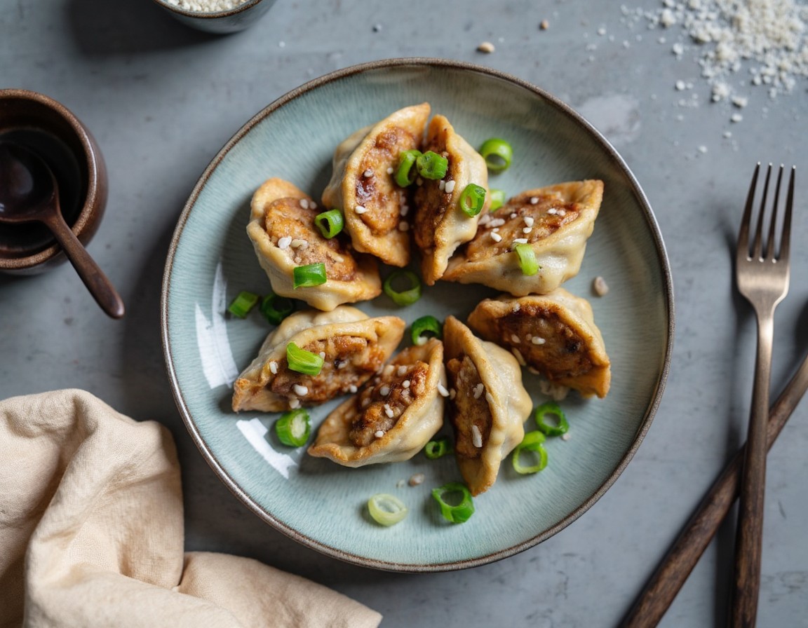 Fertig angerichtete knusprige Reispapier-Dumplings bestreut mit Sesamsamen und Frühlingszwiebelringen neben Dip-Sauce