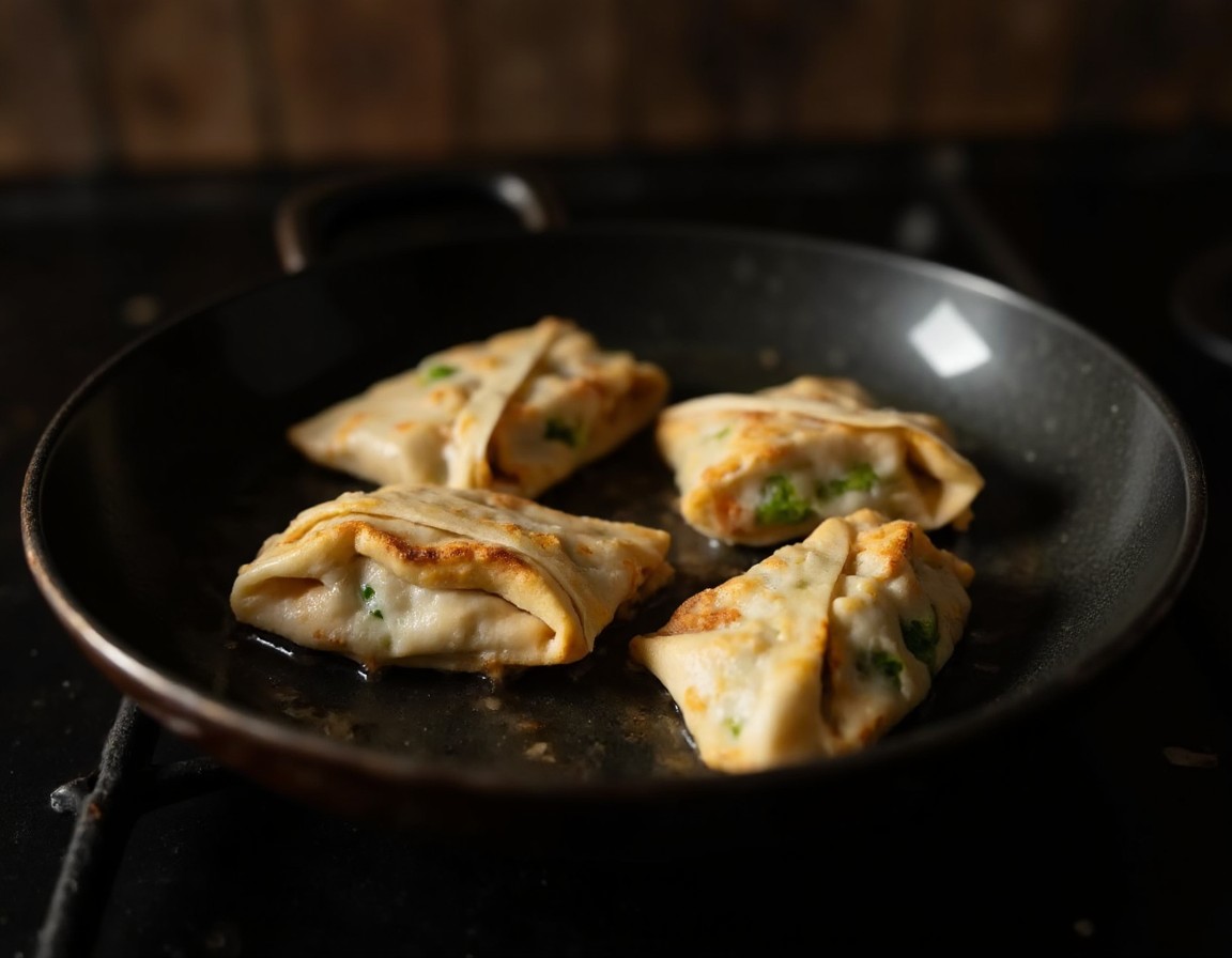 Reispapier-Dumplings werden portionsweise in einer beschichteten Pfanne von allen Seiten goldbraun und knusprig gebraten
