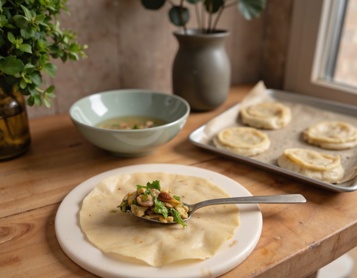 Reispapier wird in warmem Wasser eingeweicht und mit Gemüsefüllung zu halbmondförmigen Reispapier-Dumplings geformt