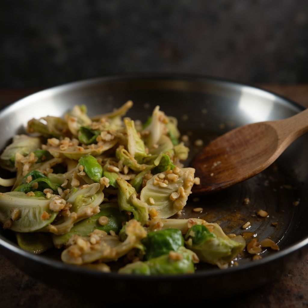 Fein gehackter Knoblauch brutzelt neben karamellisierten Kohlstreifen in einer Edelstahlpfanne auf dem Herd