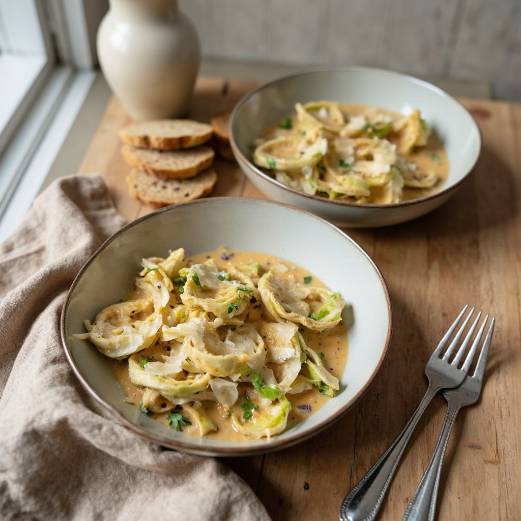 Zwei Teller mit fertigem Kohl-Alfredo garniert mit Parmesanflocken und Pfeffer neben knusprigem Ciabatta-Brot