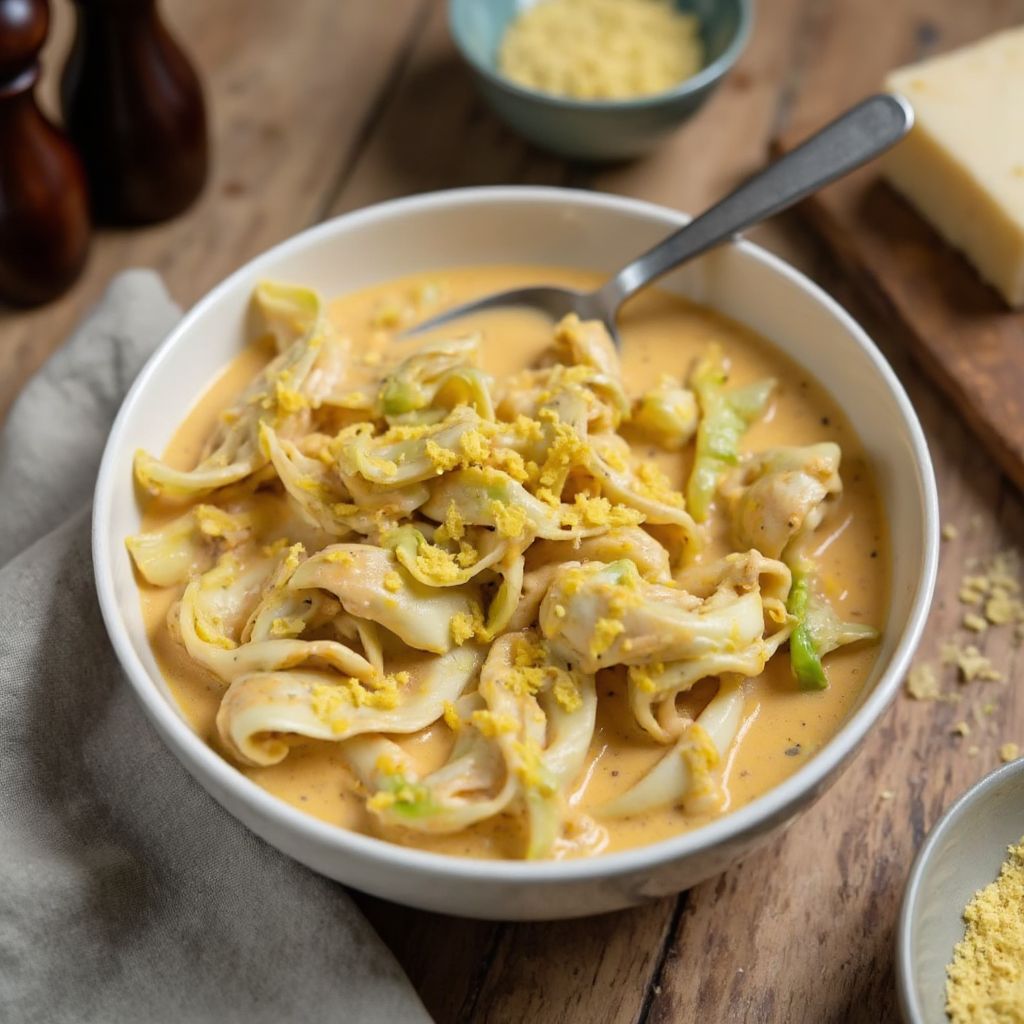 Cremiger Kohl-Alfredo in einer weißen Schüssel mit goldener Parmesan-Sahnesauce, Parmesanflocken und schwarzem Pfeffer