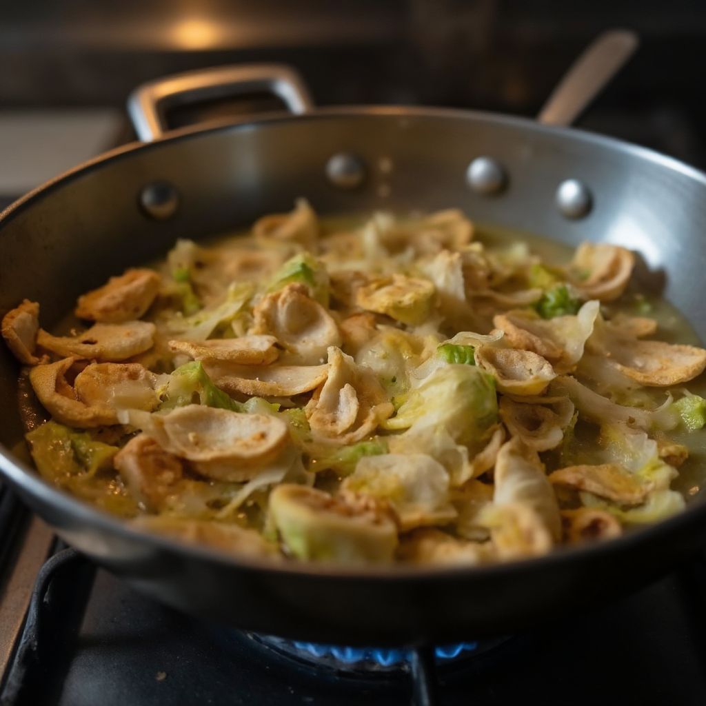 Kohlstreifen werden in einer großen Edelstahlpfanne in Butter goldbraun angebraten mit karamellisierten Rändern