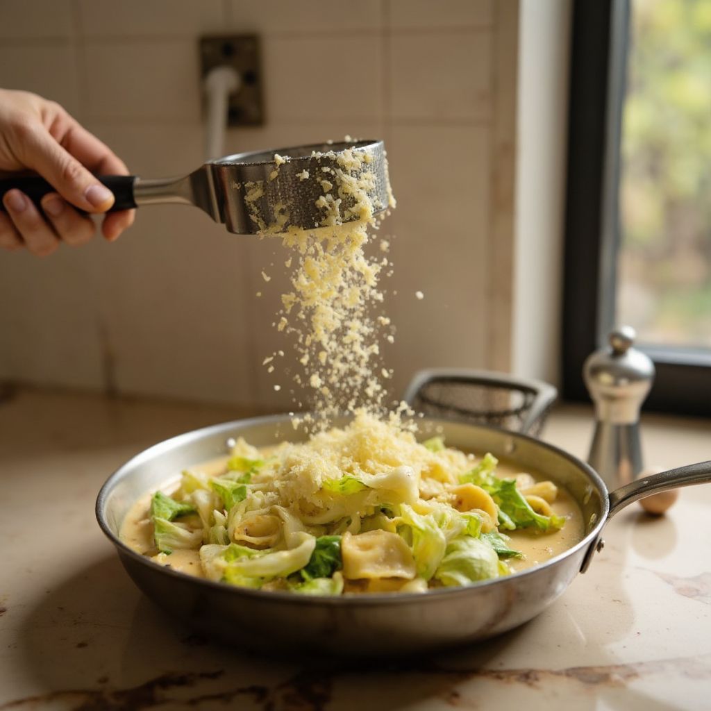 Frisch geriebener Parmesan wird über Kohl-Alfredo in der Pfanne gestreut und schmilzt in die cremige Sahnesauce