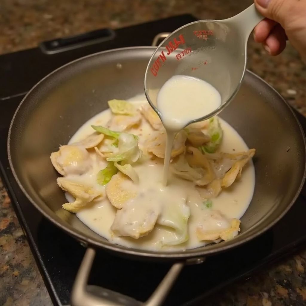 Schlagsahne wird aus einem Messbecher über gebratene Kohlstreifen in einer Pfanne gegossen für die Alfredo-Sauce