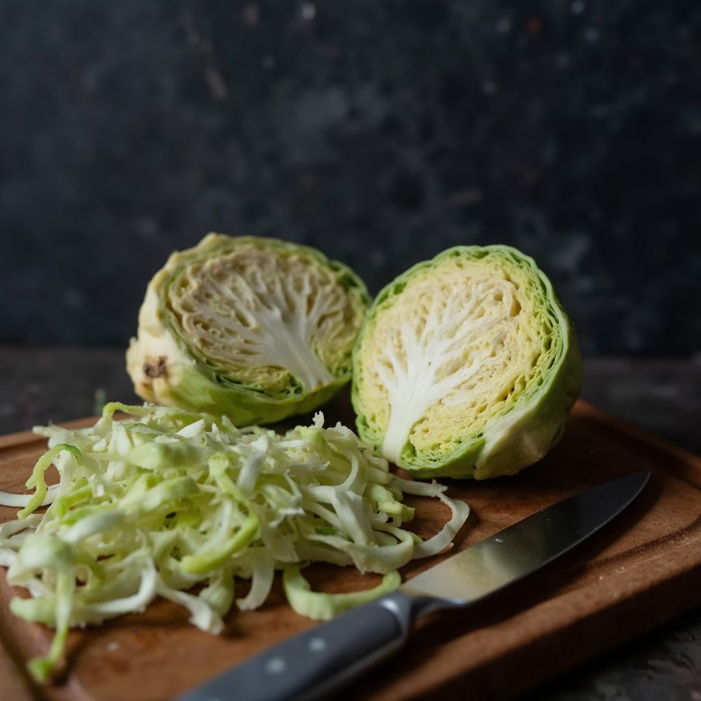 Halbierter Weisskohl auf einem Holzbrett mit frisch geschnittenen Kohlstreifen und einem Küchenmesser daneben