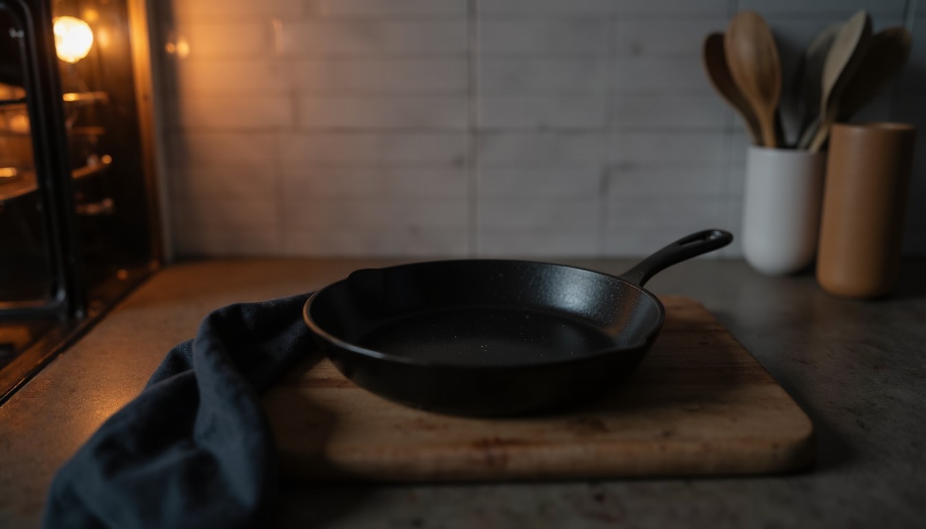 Ofenfeste gusseiserne Pfanne steht bereit neben einem vorgeheizten Backofen für Koreanischen Corn Cheese