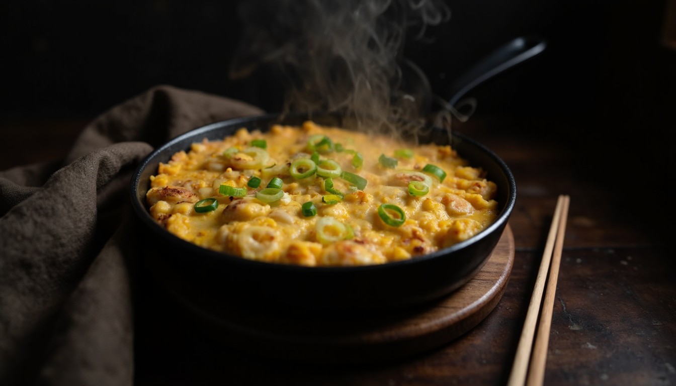 Fertiger Koreanischer Corn Cheese in einer gusseisernen Pfanne mit frischen Frühlingszwiebelringen garniert