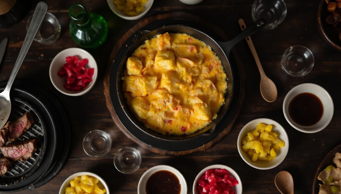 Gedeckter Korean BBQ Tisch mit Corn Cheese in Gusseisenpfanne, Grillgut, Kimchi, Reis und verschiedenen Banchan-Beilagen