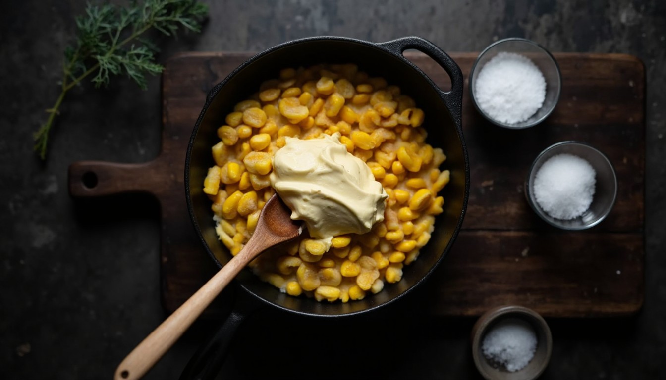 Mayonnaise und Zucker werden unter den gebratenen Mais in der Pfanne gerührt