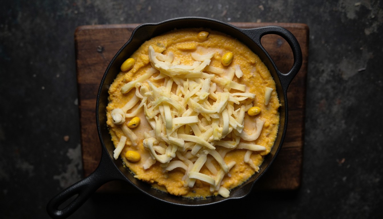 Geriebener Mozzarella wird gleichmäßig über die Maismischung in einer gusseisernen Pfanne gestreut