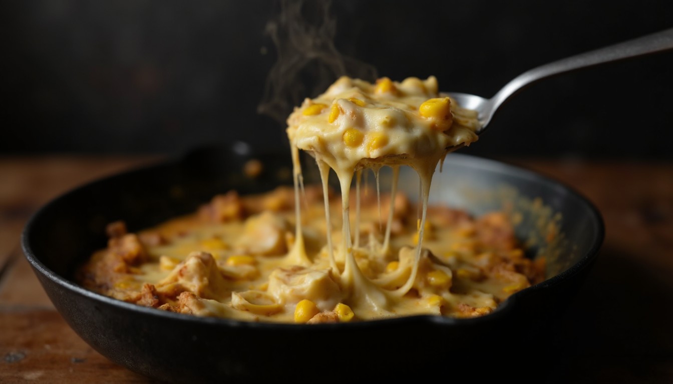 Nahaufnahme von Koreanischem Corn Cheese mit cremig geschmolzenem Mozzarella, Käsefäden und goldbrauner Gratinierung