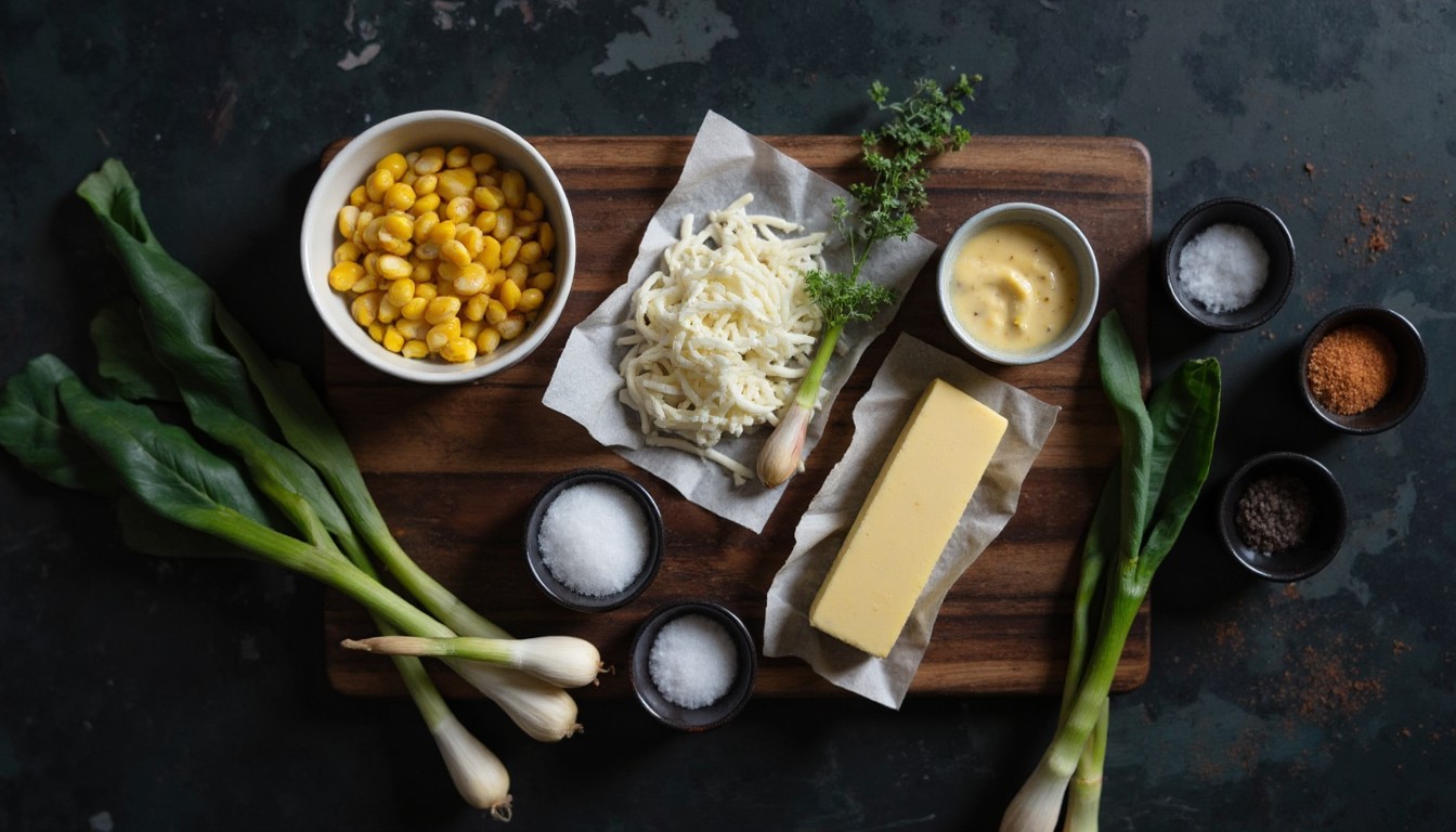 Zutaten für Koreanischen Corn Cheese auf einem Holzbrett: Dosenmais, geriebener Mozzarella, Kewpie Mayonnaise, Butter und Frühlingszwiebeln