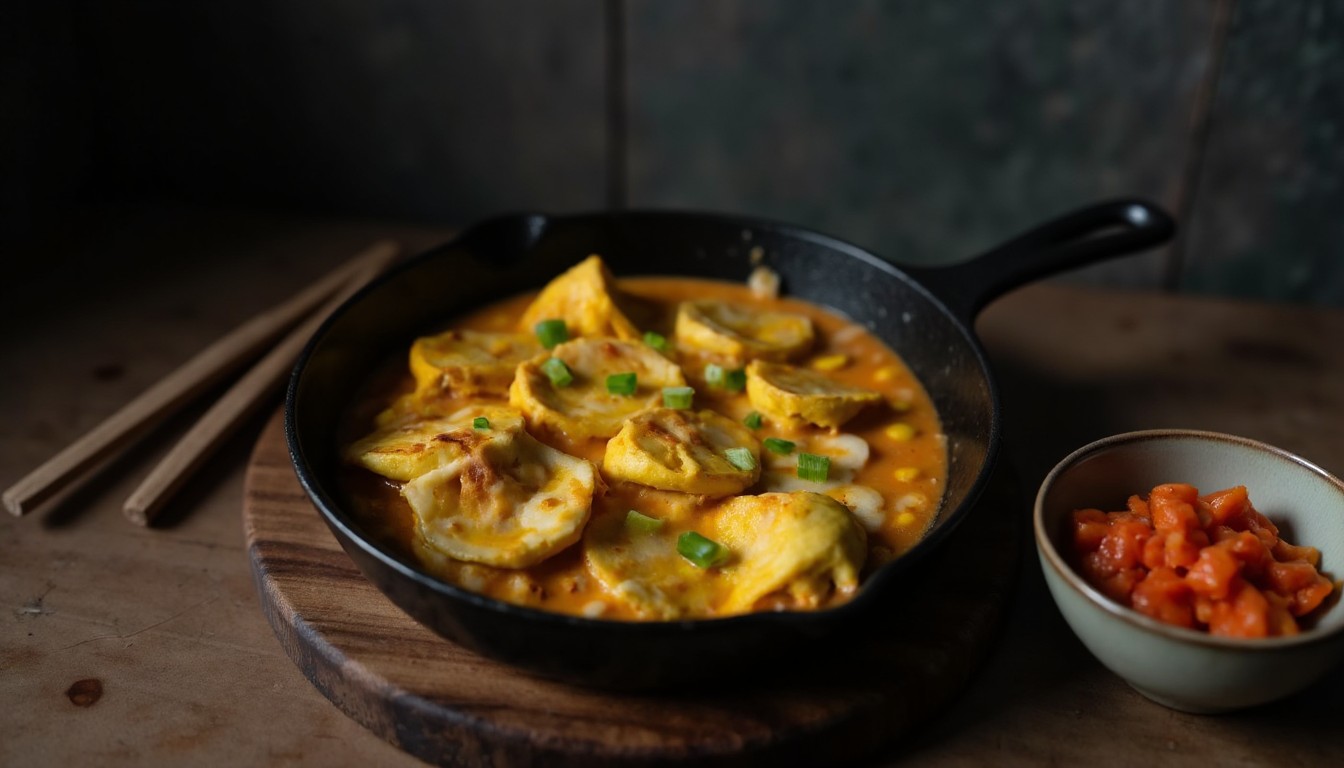 Koreanischer Corn Cheese in einer gusseisernen Pfanne mit goldbraun überbackenem Mozzarella, sichtbaren Maiskörnern und Frühlingszwiebelringen