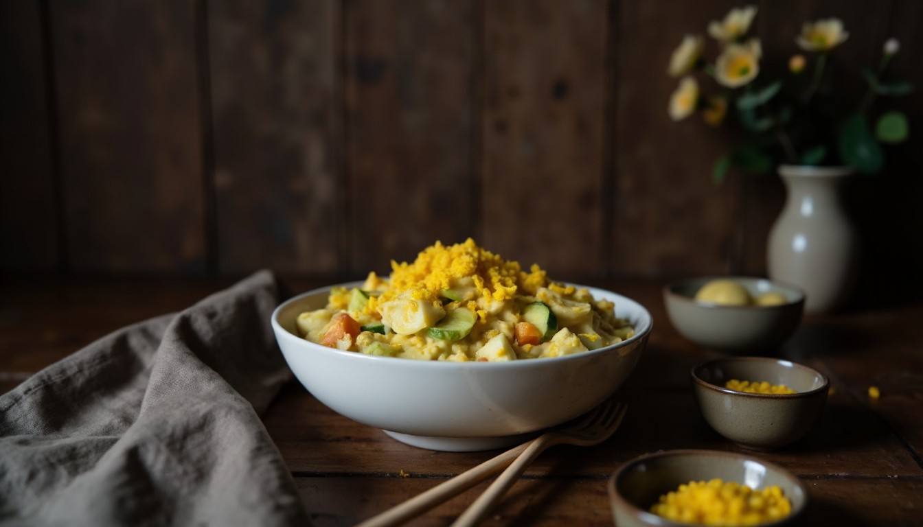 Koreanischer Kartoffelsalat Gamja Salad cremig angerichtet in einer Schale mit Ei, Gurke, Apfel und Mais als Beilage