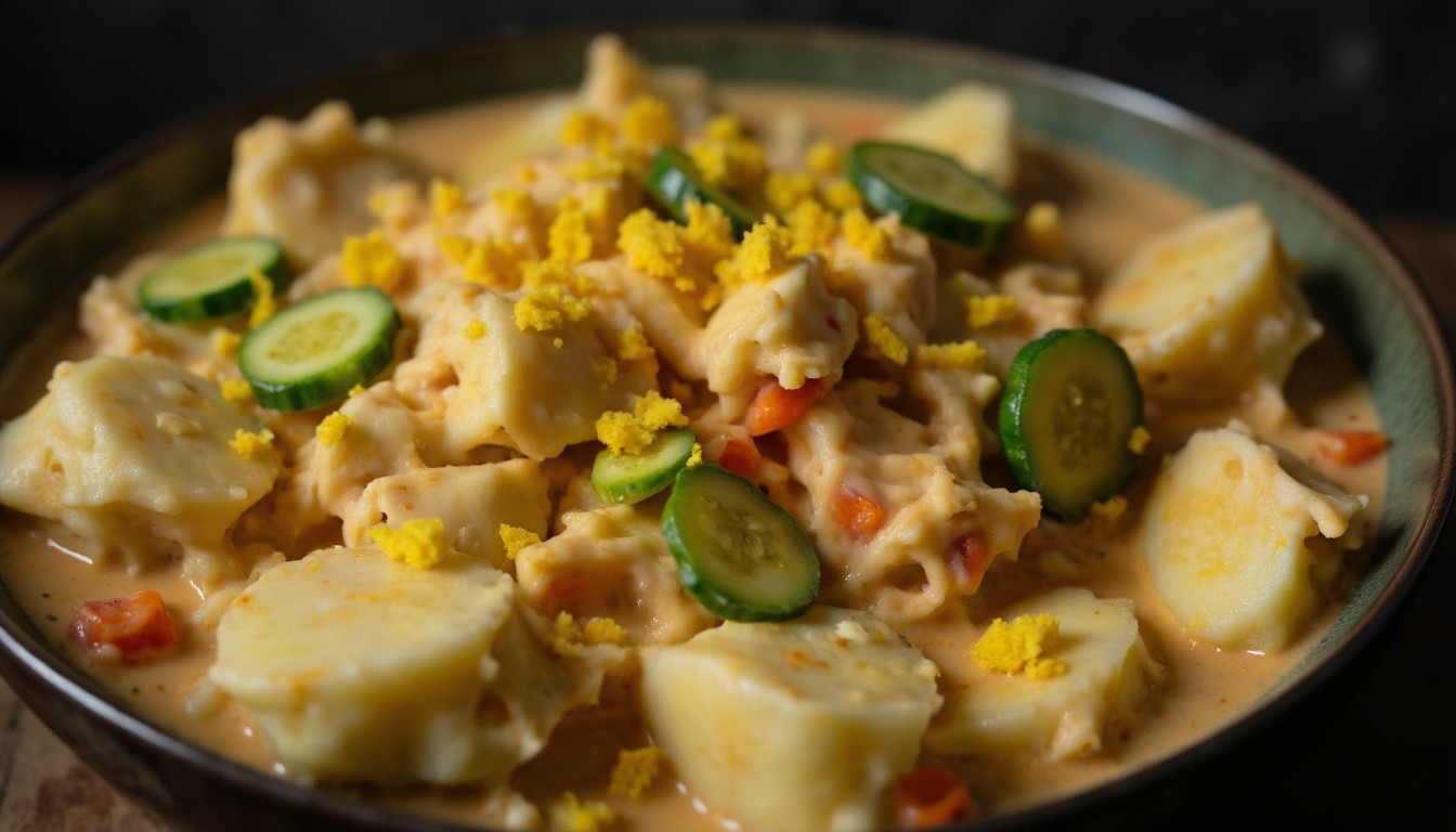 Nahaufnahme der cremigen Textur vom koreanischen Kartoffelsalat mit gestampften Kartoffeln, Gurkenscheiben und Eigelbkrümeln