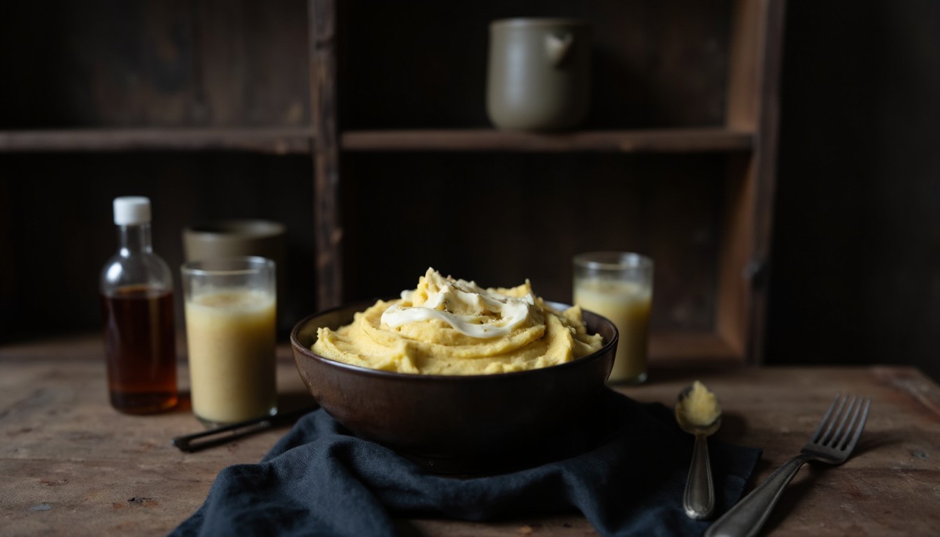 Mayonnaise, Zucker und Reisessig werden zu den noch warmen gestampften Kartoffeln gegeben und zu einem cremigen Dressing verrührt
