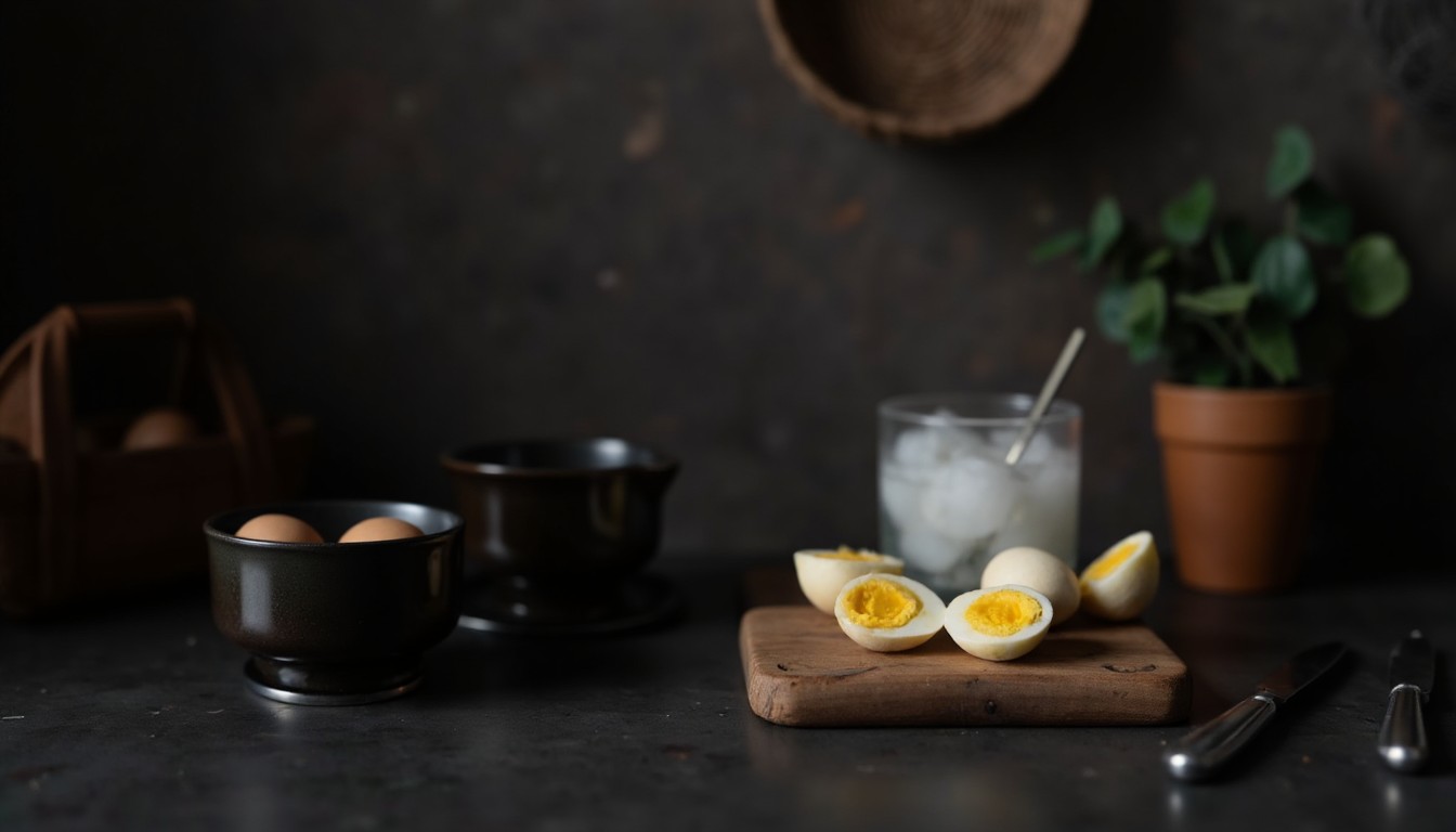 Hart gekochte Eier werden in einer Schüssel mit Eiswasser abgeschreckt und anschliessend grob gehackt für den Kartoffelsalat