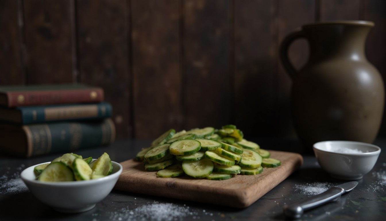 Dünn geschnittene Gurkenscheiben werden gesalzen und kräftig ausgedrückt damit der koreanische Kartoffelsalat nicht wässrig wird