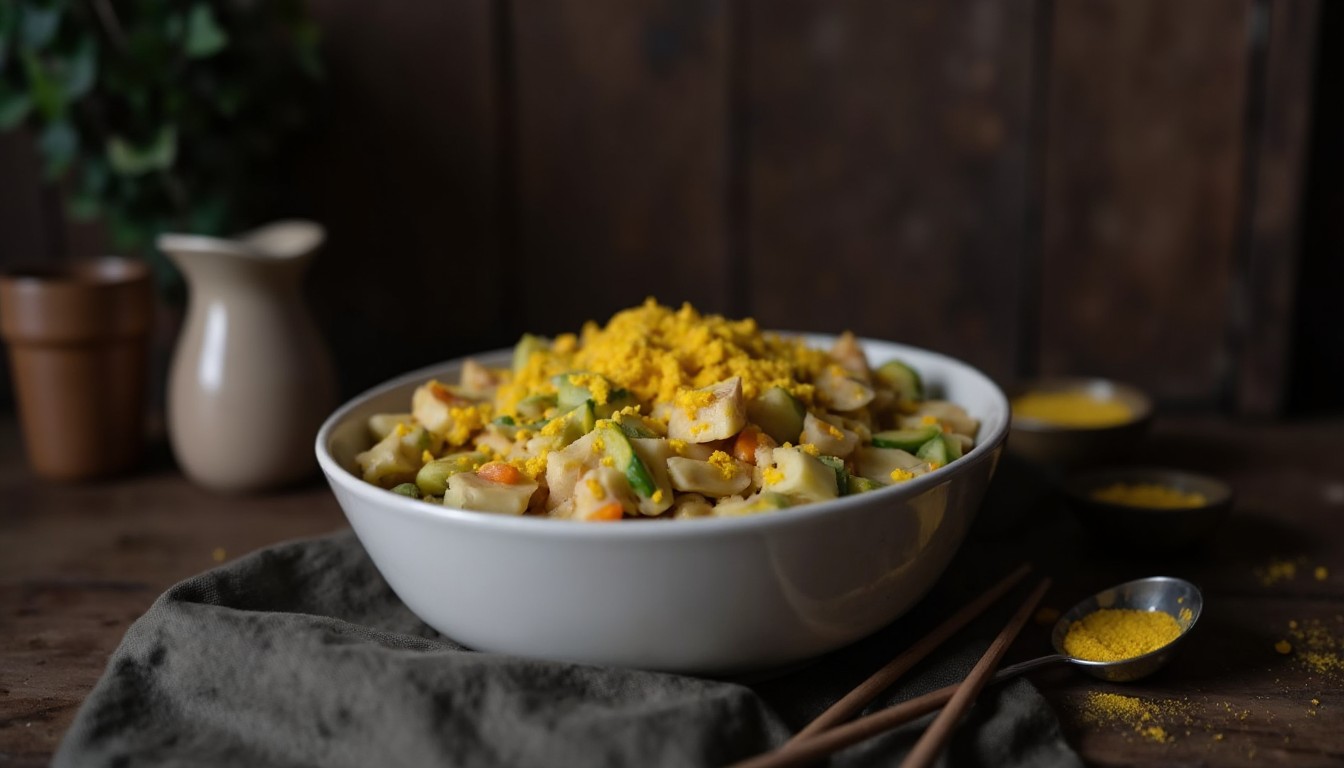 Fertiger koreanischer Kartoffelsalat hübsch angerichtet in einer Schale mit Eigelb-Garnitur nach dem Durchziehen im Kühlschrank