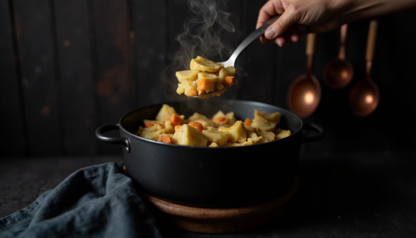 Gekochte Kartoffeln werden im Topf grob gestampft, halb cremig halb stückig, für die typische Konsistenz vom koreanischen Kartoffelsalat