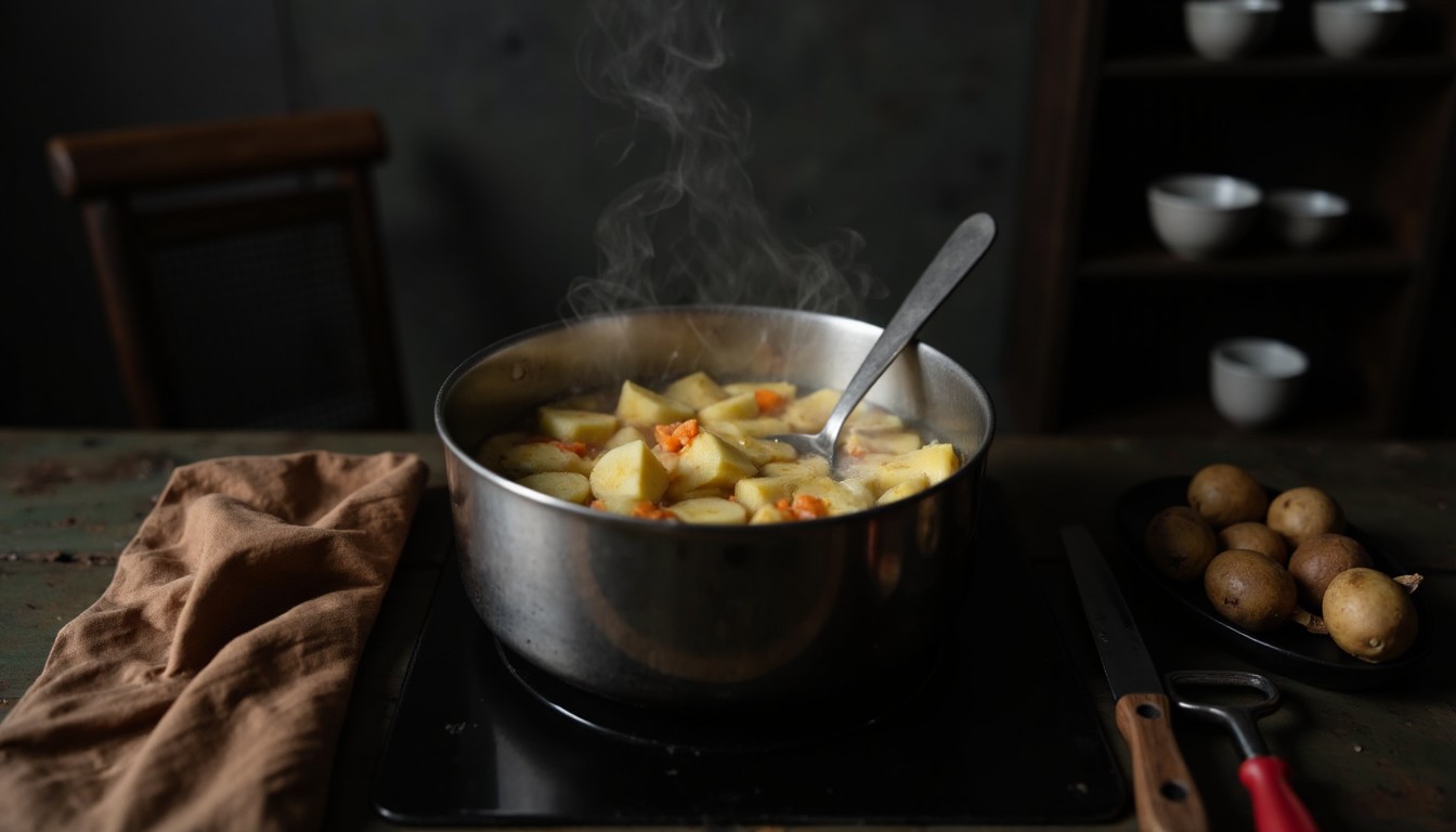 Geschälte Kartoffelwürfel kochen zusammen mit Karottenwürfeln in einem großen Topf mit Salzwasser für den koreanischen Kartoffelsalat