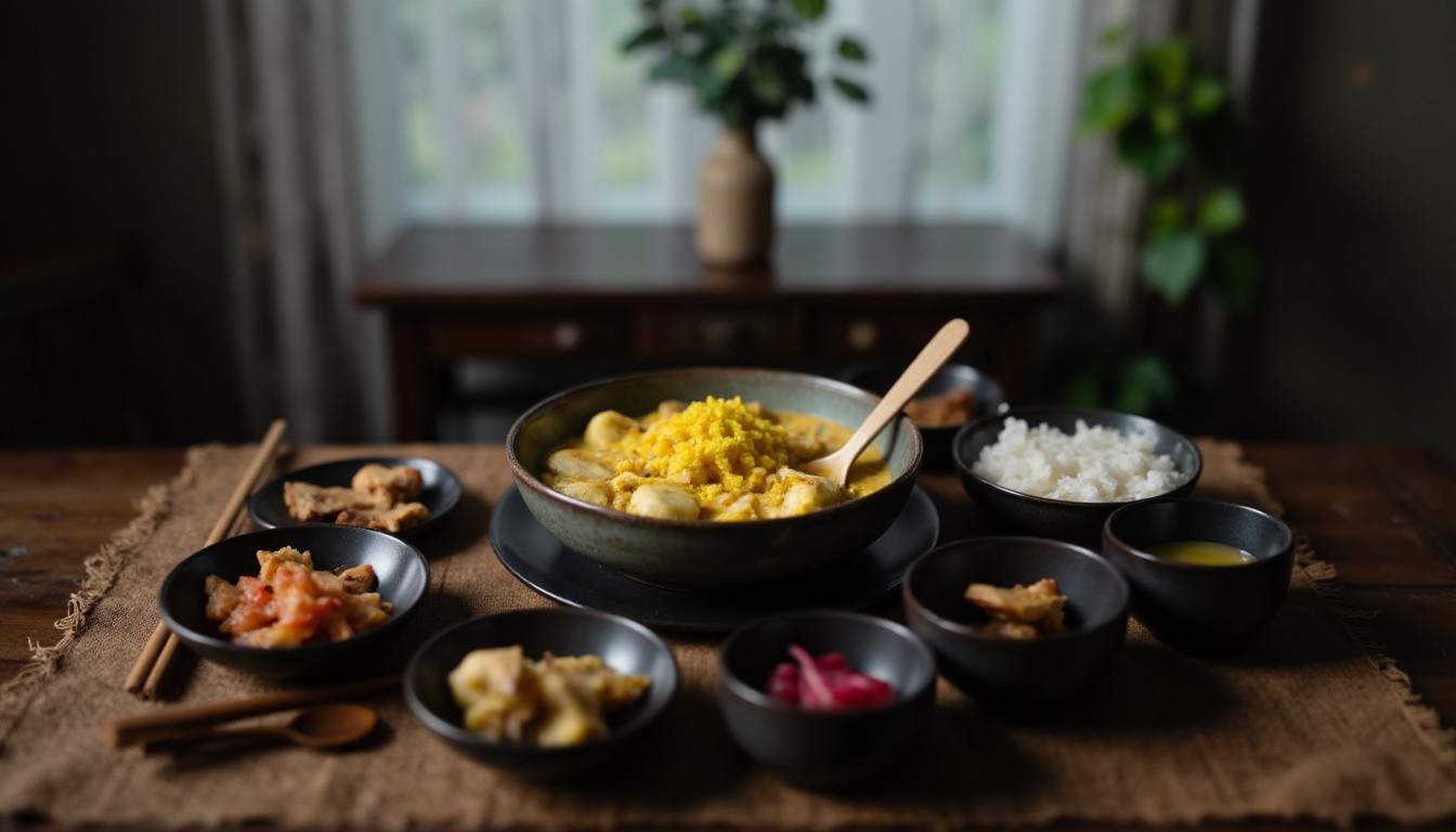 Koreanischer Kartoffelsalat serviert mit Banchan-Beilagen wie Kimchi, Reis und eingelegtem Rettich auf einem rustikalen Holztisch