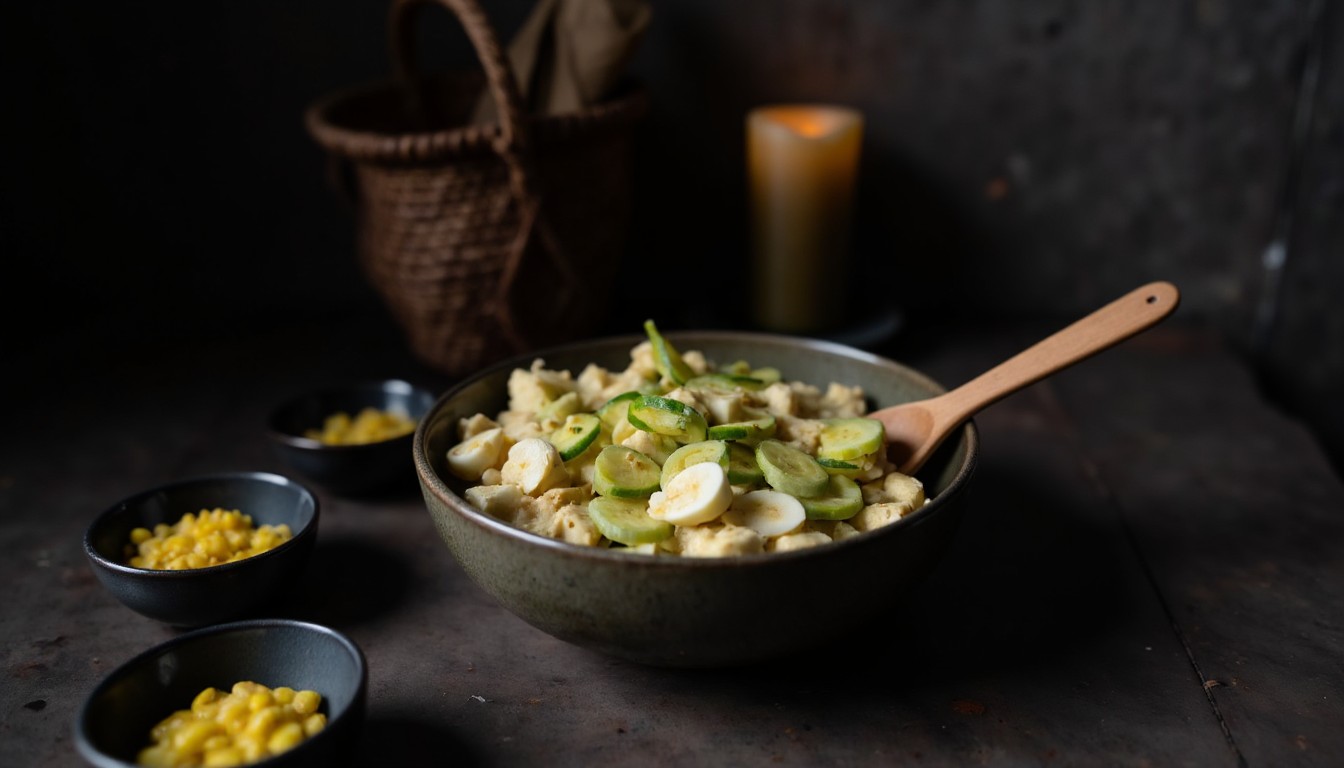 Gurkenscheiben, gehackte Eier, Apfelwürfel und Mais werden vorsichtig unter die cremige Kartoffelmasse gehoben