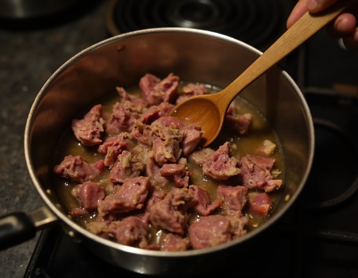 Hackfleisch wird in einem großen Topf mit Olivenöl bei starker Hitze krümelig und goldbraun angebraten
