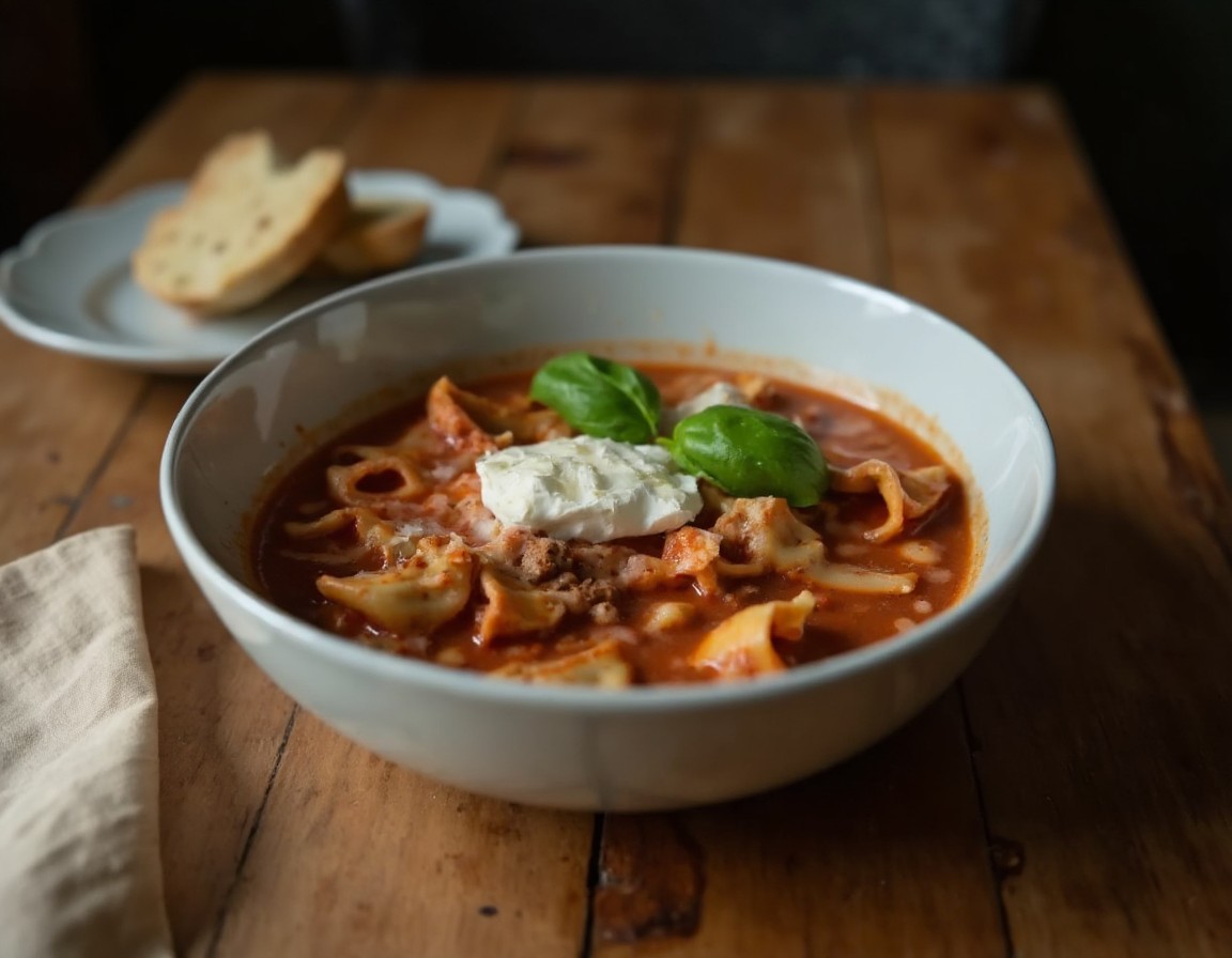 Lasagna-Suppe in einer tiefen Schale angerichtet mit Creme fraiche, Parmesan und Basilikum neben knusprigem Ciabatta