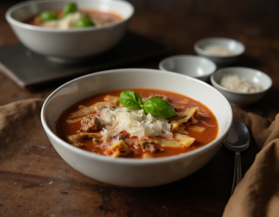Fertige Lasagna-Suppe in einer weißen Schale mit Creme fraiche, geriebenem Parmesan und frischem Basilikum auf Holztisch