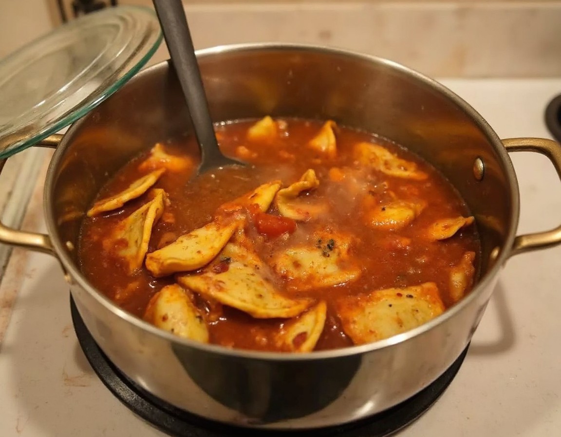 Gebrochene Lasagneplatten köcheln zugedeckt in der Tomaten-Hackfleisch-Suppe bis sie weich und sämig eingedickt ist