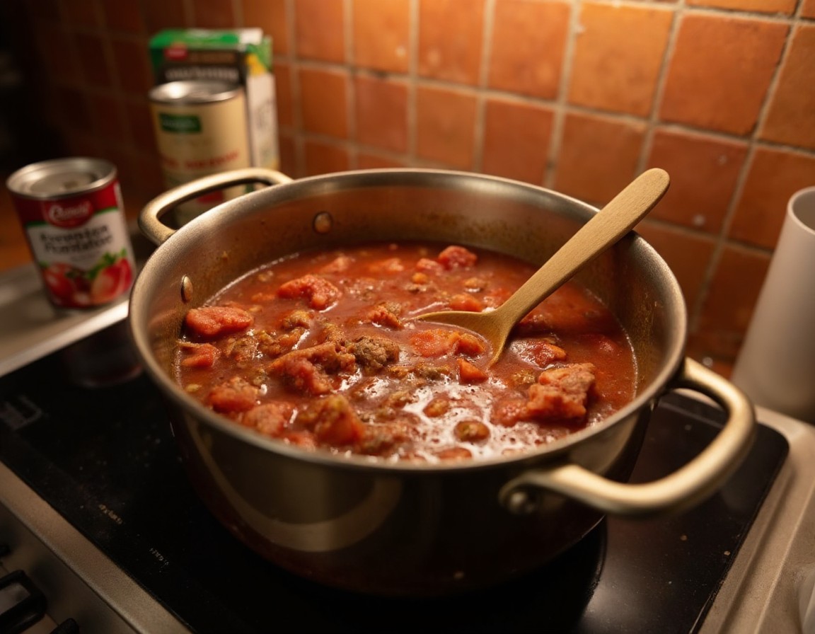 Dosentomaten und Brühe werden in den Topf mit der Hackfleischmischung gegossen und mit italienischen Kräutern gewürzt