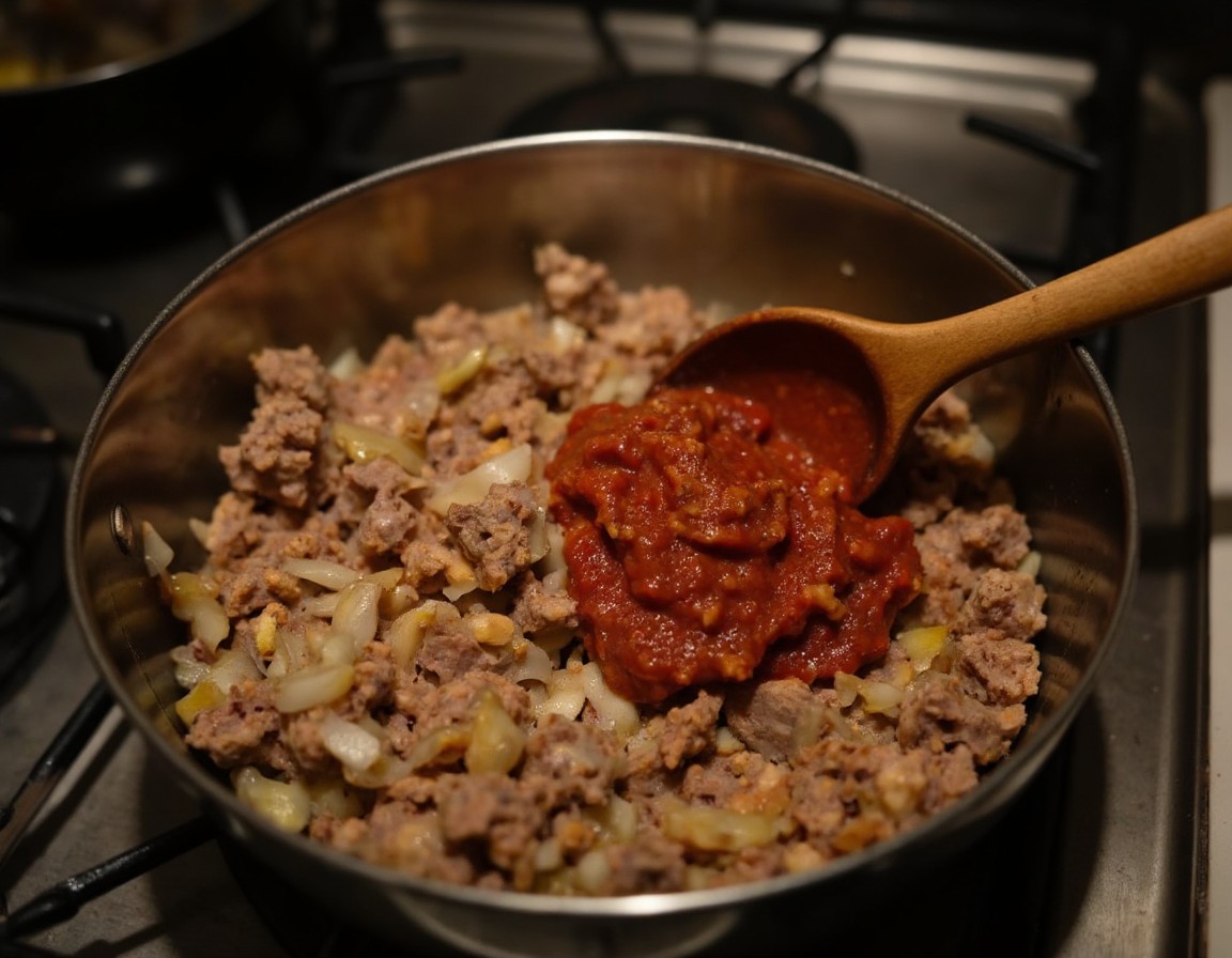 Zwiebel, Knoblauch und Tomatenmark werden zum gebratenen Hackfleisch gegeben und mit einem Holzlöffel angeröstet