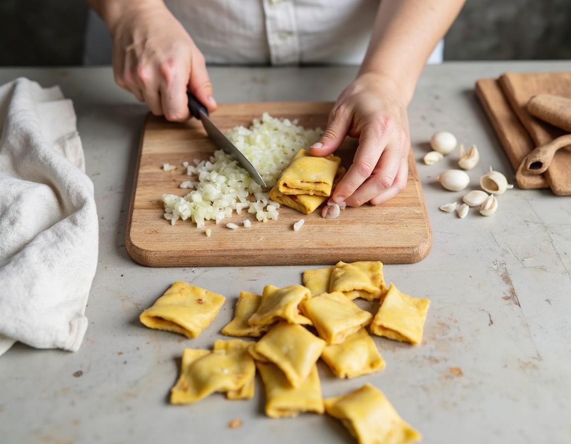 Fein gewürfelte Zwiebel und gehackter Knoblauch auf einem Schneidebrett neben gebrochenen Lasagneplatten als Vorbereitung
