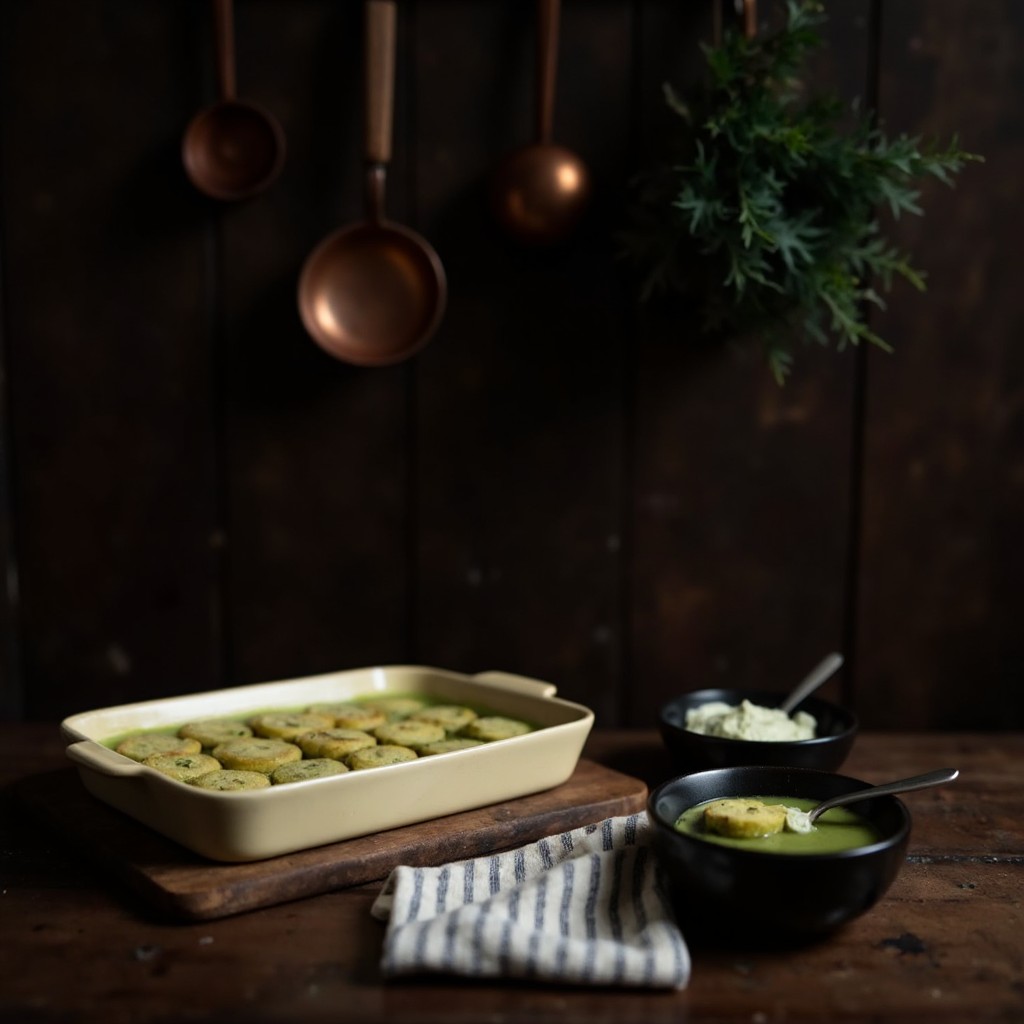 Gruen getraenkte Loeffelbiskuits in Keramik-Auflaufform fuer Matcha-Tiramisu, daneben Matcha-Traenke und Cremeschuessel