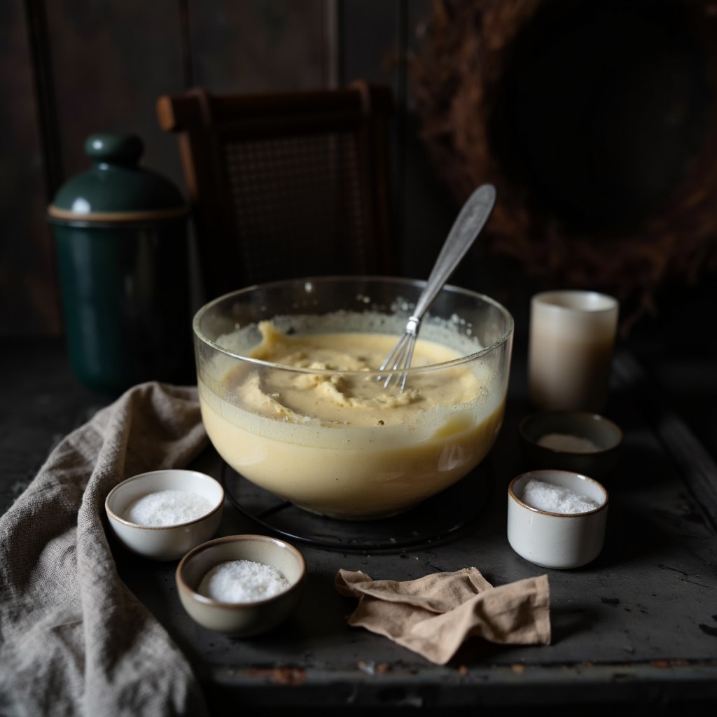 Helle Mascarponecreme in Glasschuessel mit Schneebesen glatt geruehrt, Zuckerschalen auf dunkler Arbeitsflaeche daneben