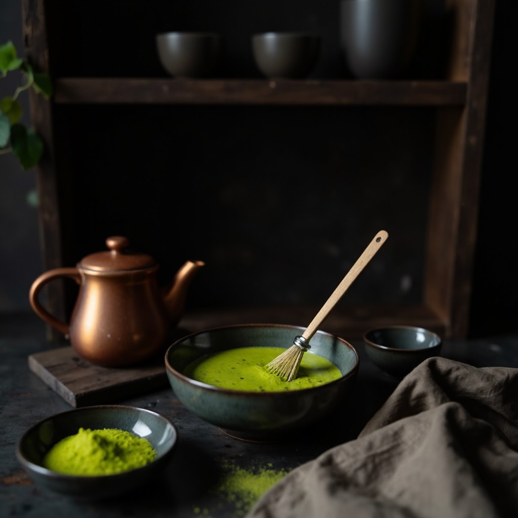 Leuchtend gruene Matcha-Traenke in Keramikschuessel mit Bambusbesen und Kupferkessel zum Aufschlagen fuer Matcha-Tiramisu