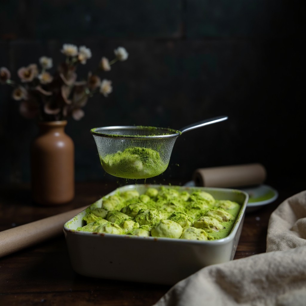 Feines Matcha-Pulver wird durch ein Sieb ueber das fertige Tiramisu gestaubt fuer die typische leuchtend gruene Farbe