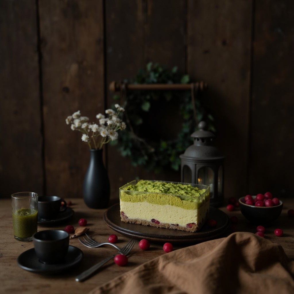 Matcha-Tiramisu auf Servierbrett mit Matcha-Teetassen, Blumenvase und Himbeeren in warmer, gemuetlicher Tischszene