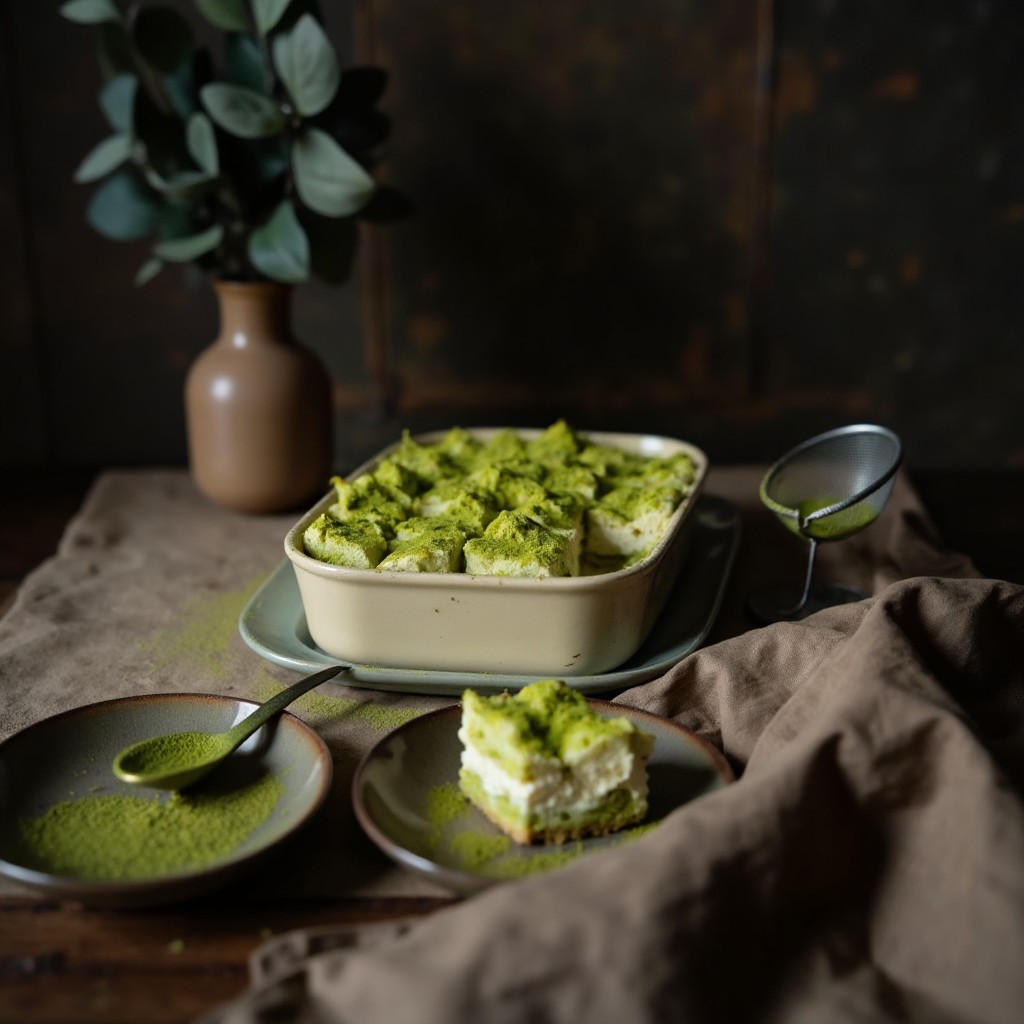 Matcha-Tiramisu in rechteckiger Keramikform mit leuchtend gruener Matcha-Schicht und cremiger Mascarpone, angeschnittenes Stueck auf Teller